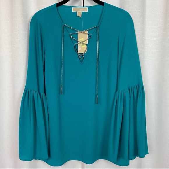 Michael Kors Tile Blue Bell Sleeve Chain Detail Blouse Sz.XS NWT - Picture 2 of 10